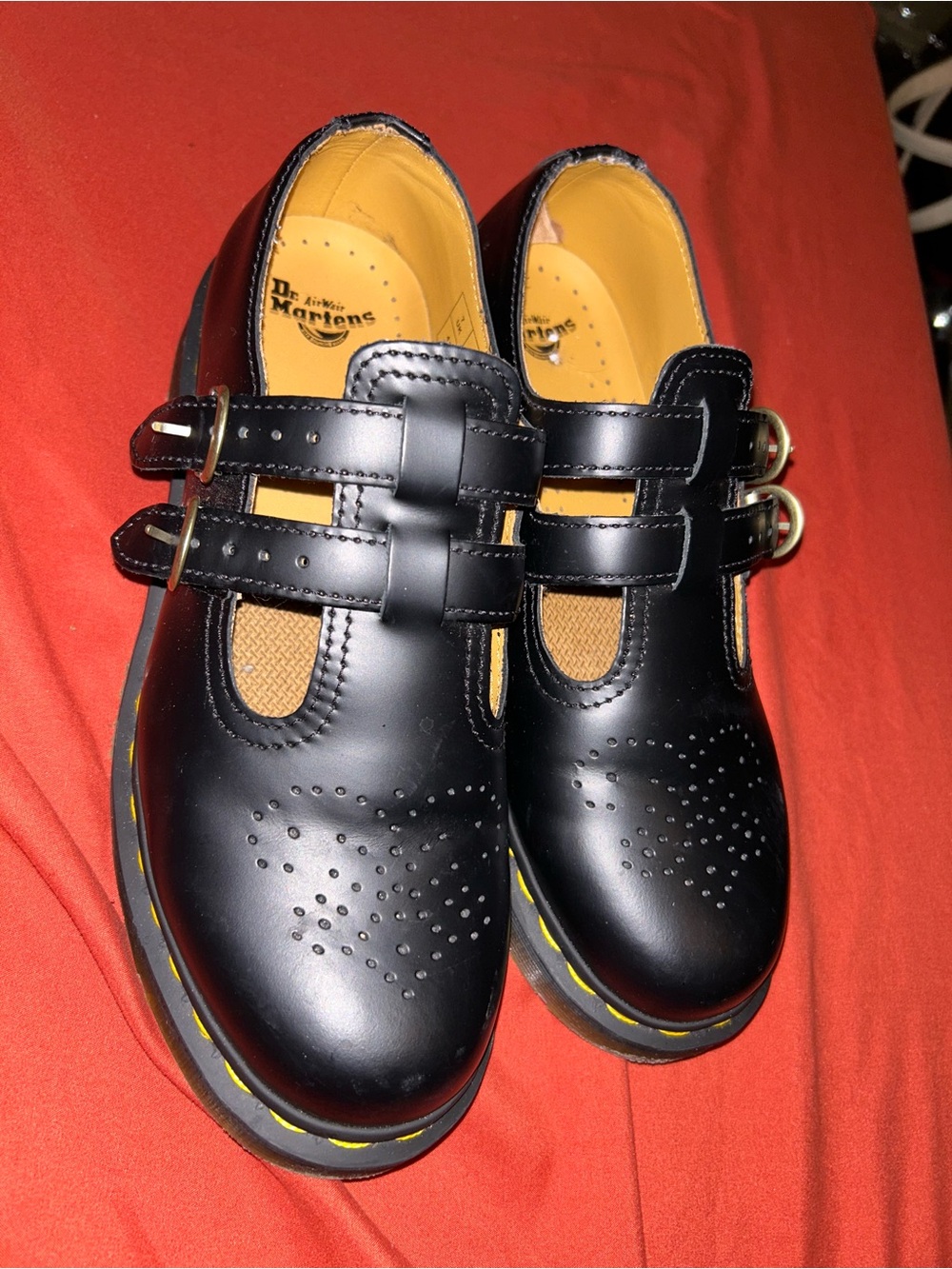 Dr. Martens Black Double-Strap Mary Jane Shoes with Yellow Stitching